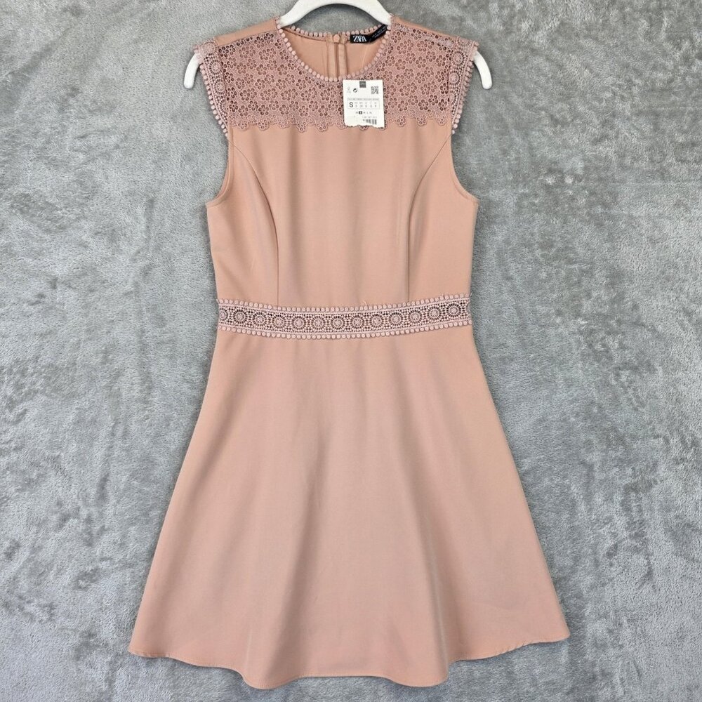 Zara Dress Womens Small Pink Sleeveless Lace Detail Fit And Flare Party NWT